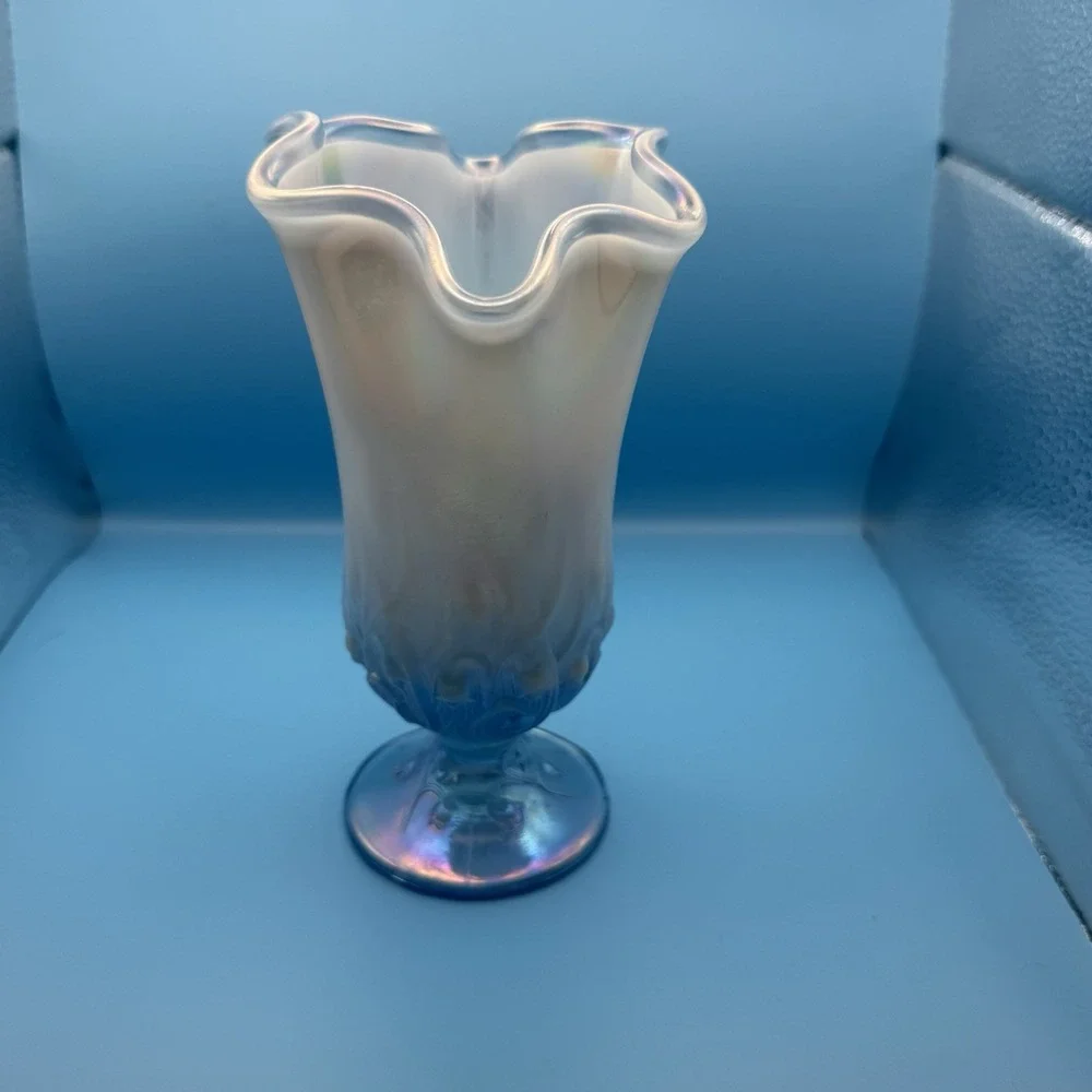 Vintage Iridescent Opalescent Art Glass Vase Blue Ruffled Rim Pedestal 8